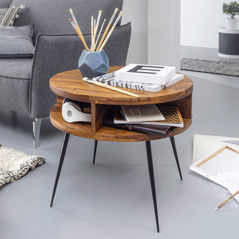 Rootz Side Table - Sheesham Solid Wood - Metal Living Room Table - Design Round Coffee Table with Shelf - Small Brown Table - (60x45x60 cm)