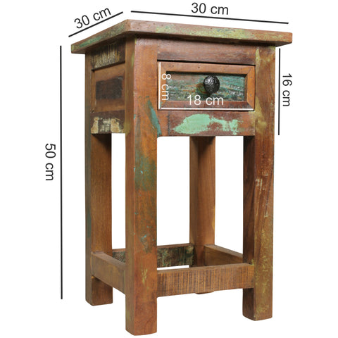 Rootz Side Table - Solid Wood - Shabby Night Commode with Shelf & Thrust - Mango Recycling Boat Wood Night Console - 30x30x50cm