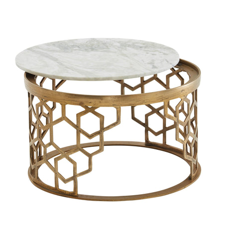 Rootz Coffee Table - Gold Metal Design - Round Living Room Table - Modern Small Coffee Table - Side Table for Living Room - White Marble - 60x60x36 cm