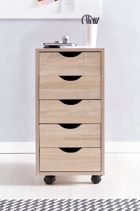 Rootz Roll Container - Sonoma - Modern MDF Wood Drawer Container - Office Storage on Wheels - 33x64x38cm