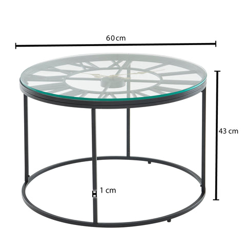 Rootz Black Coffee Table with Decorative Clock - Glass & Metal - Modern Design - Small Round Table - 60x60x43 cm