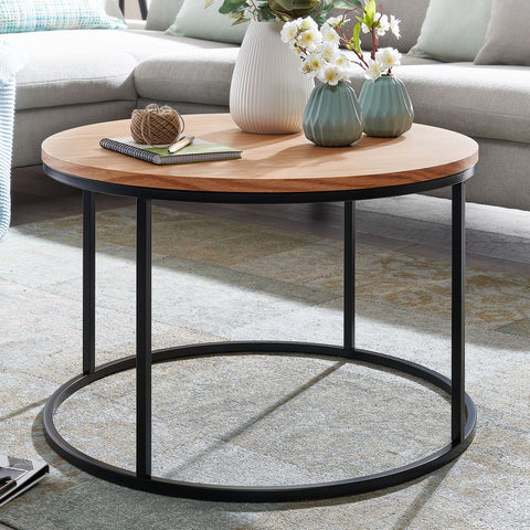 Rootz Coffee Table - Wood and Metal Living Room Table - Oak Design - Modern Round Room Table - Wooden Coffee Table - 70x70x45 cm