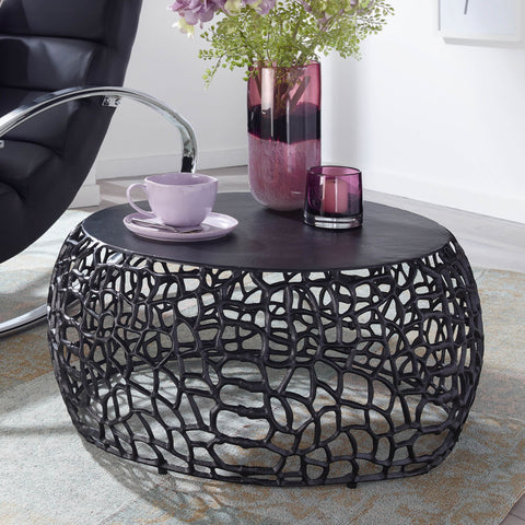 Rootz Coffee Table - Round Aluminum Design with Branch Structure - Black Metal - 66x66x30 cm