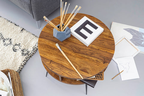 Rootz Side Table - Sheesham Solid Wood - Metal Living Room Table - Design Round Coffee Table with Shelf - Small Brown Table - (60x45x60 cm)