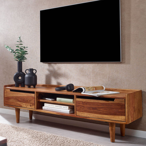 Rootz TV Stand - Lowboard - TV Dresser with Two Doors - Modern TV Cabinet - Living Room TV Stand - Solid Sheesham Wood - 145x43x35 cm