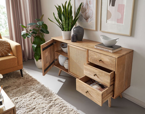 Rootz Sideboard - 3-Drawer Chest - High Solid Wood Chest - Living Room Standing Cabinet - 2 Door Compartments - Solid Mango Wood - 140x75x40cm