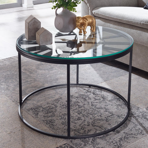 Rootz Black Coffee Table with Decorative Clock - Glass & Metal - Modern Design - Small Round Table - 60x60x43 cm