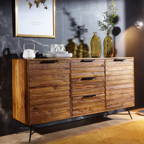 Rootz Sideboard - Sheesham Wood Design - Doors & Drawers - Industrial Style -  Solid Wood Cabinet - 160x40x88cm