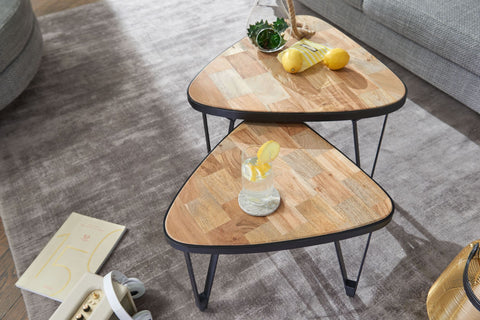 Rootz Nesting Tables - Triangular Design - Set of 2 Brown Coffee Table with Metal Legs - 2-Piece Placemat Nesting Table in Wood and Black Metal - Mango-Acacia Solid Wood