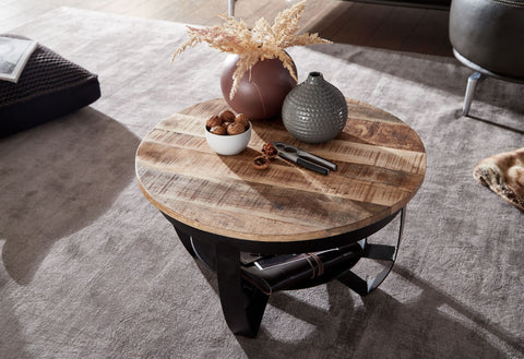 Rootz Industrial Round Coffee Table - Mango Solid Wood and Metal - Black - Solid Living Room Table - Small Coffee Table - 60x34x60 cm
