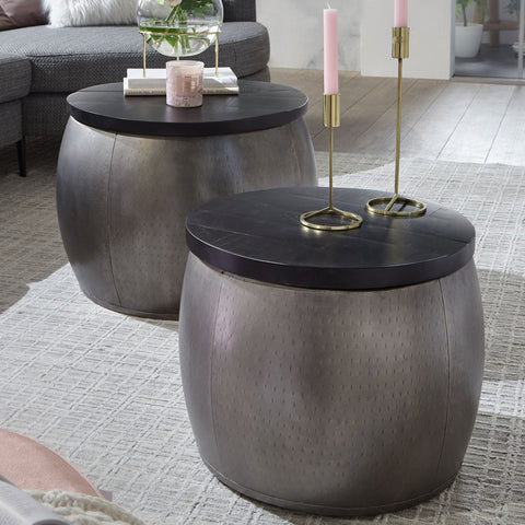 Rootz Nesting Tables - Silver Design Coffee Table - Removable Aluminum Cover - Modern Metal Side Table with Wood Base - 2-Piece Storage Table - Round Mango Wood