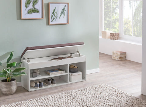 Rootz Wood Bench - Upholstered Seat Wardrobe Bench - Narrow Hallway Storage Bench - Shoe Storage Chest Bench - White - 104x51x32 cm
