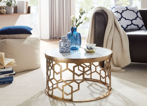 Rootz Coffee Table - Gold Metal Design - Round Living Room Table - Modern Small Coffee Table - Side Table for Living Room - White Marble - 60x60x36 cm