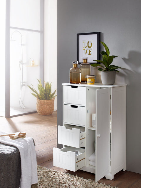 Rootz Bathroom Cabinet -  Country Style - MDF Wood - White - Small Cabinet with 4 Drawers & 1 Door - Multi-purpose Side Cabinet - 65x83x30cm