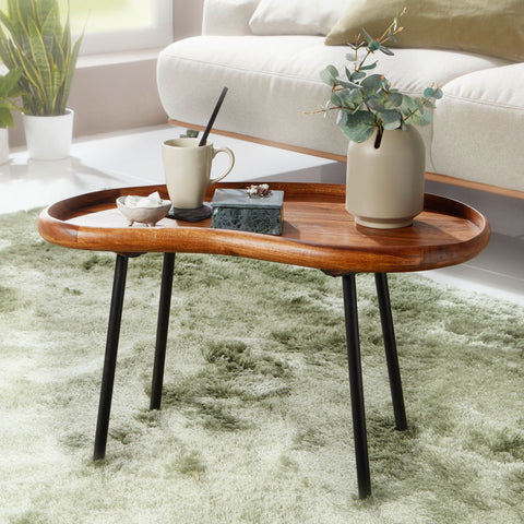 Rootz Coffee Table - Sheesham Wood - Kidney Shape with Metal Legs - Modern Living Room Table - 71x42x40cm