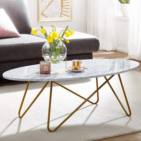 Rootz White Marble Look Coffee Table - Metal Frame Living Room Table - Oval Lounge Table - 120x40x60 cm