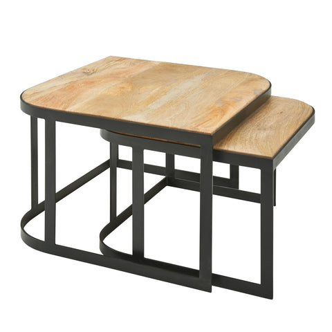 Rootz Coffee Tables - Light Living Room Table - Industrial Nesting Side Table with Black Metal Legs - 2-Piece Wooden Placemat Nesting Tables - Set of 2 Mango Wood and Metal