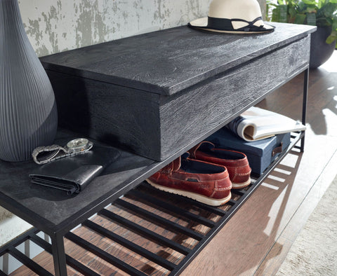 Rootz Bench with Wall Wardrobe - Industrial Design Wardrobe Set for Hallway - Storage Bench with Shoe Rack - Hall Bench with Seat - Mango Wood - Black - 110 cm