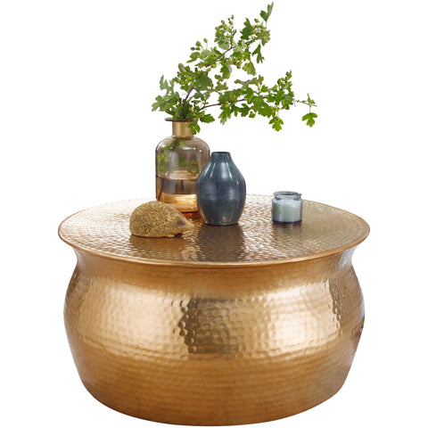 Rootz Coffee Table - Gold Aluminum - Oriental Round Side Table - Flat Hammered Metal Coffee Table - Modern Design Living Room Table - Small Indian Lounge Stub Table - 60x30.5x60cm
