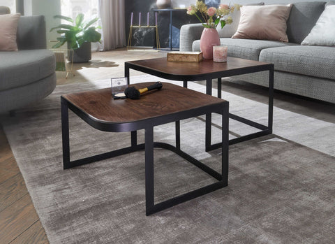 Rootz Coffee Tables - Dark Industrial Living Room Tables - Black Metal Leg Nesting Side Tables - 2-Piece Wooden Placemat Nesting Tables -  Set of 2 Mango Solid Wood and Metal