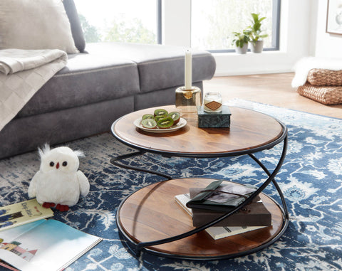 Rootz Coffee Table - Round Metal Coffee Table - Modern Living Room Table with Storage - Small Side Table -  Solid Sheesham Wood - 58x58x35 cm