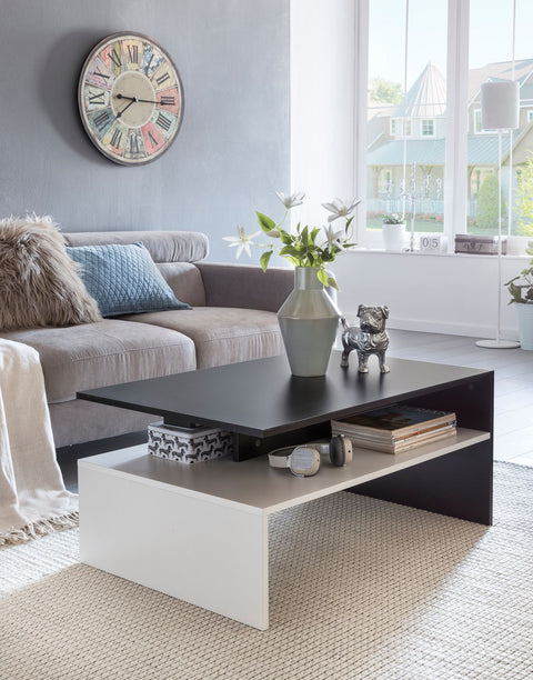 Rootz Coffee Table - Black/White - Modern Two-Piece Living Room Coffee Table with Storage - Large & Tall Lounge Table - 90 x 43 x 60 cm