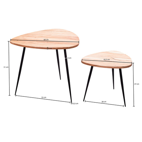 Rootz Nesting Tables - Set of 2 - Acacia Solid Wood - Metal Coffee Table - Modern Design Side Table Set - Living Room Table with Metal Frame