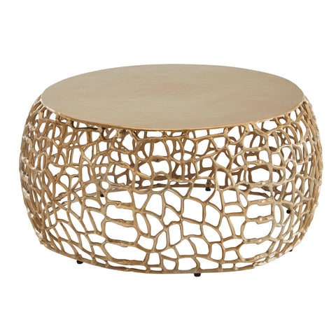 Rootz Coffee Table - Round Aluminum Design with Branch Structure - Gold Metal - 66x66x30 cm