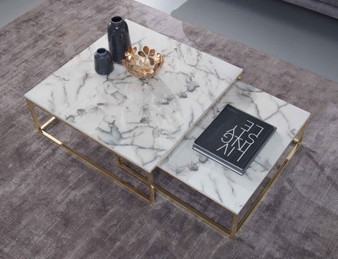 Rootz Coffee Table - Set of 2 White Marble Optics Design - Gold Metal Frame - Modern Nesting Tables for Elegant Living Room