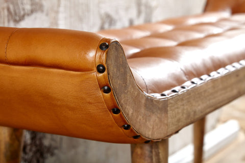 Rootz Bench - Genuine Leather - Solid Wood - Brown - Chesterfield Design - Upholstered Hallway Bench - 125x50x38 cm