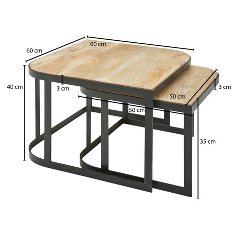 Rootz Coffee Tables - Light Living Room Table - Industrial Nesting Side Table with Black Metal Legs - 2-Piece Wooden Placemat Nesting Tables - Set of 2 Mango Wood and Metal