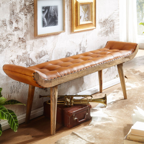 Rootz Bench - Genuine Leather - Solid Wood - Brown - Chesterfield Design - Upholstered Hallway Bench - 125x50x38 cm