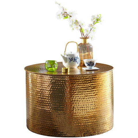 Rootz Coffee Table - Oriental Round Gold - Aluminum - Flat Hammered Metal Side Table - Modern Design Living Room Table - Small Indian Lounge Table - 61x40.5x61cm