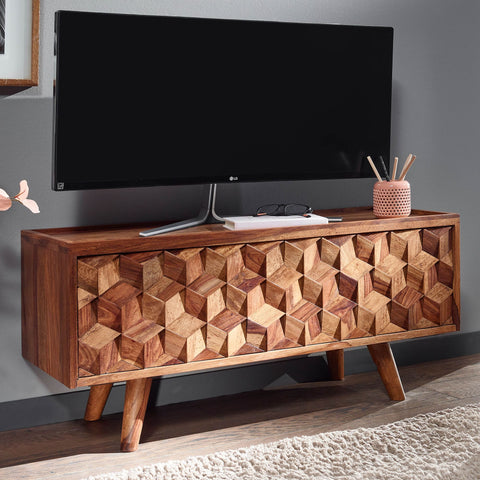 Rootz TV Stand - Lowboard - TV Dresser with Folding Door - Modern TV Cabinet - Living Room TV Stand - Solid Sheesham Wood - 92x44x35 cm