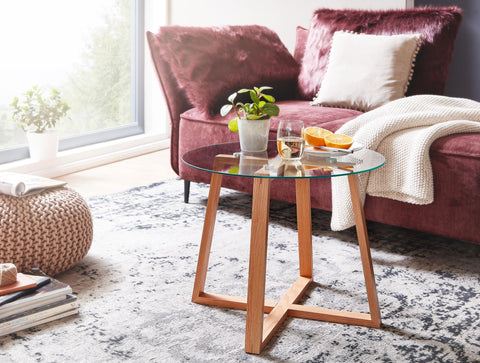 Rootz Coffee Table - Solid Oak with Round Glass - Modern Design for Small Living Room - Wooden Table - 58x58x47 cm