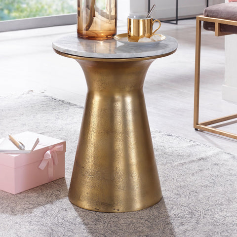 Rootz White Marble Side Table - Gold Metal Base - Round Small Coffee Table - Modern Living Room Furniture - High Coffee Table - 35x35x45 cm