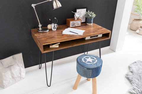 Rootz Desk - Solid Wood Laptop Table Sheesham Nature - Country House Style Work Table with Storage Tray - Office PC Table - Brown - 110 x 60 x 76 cm