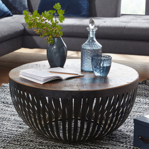 Rootz Coffee Table - Wood & Metal - Industrial Living Room Table - Wire Basket Table - Round Design Lounge Table - 70x33x70cm