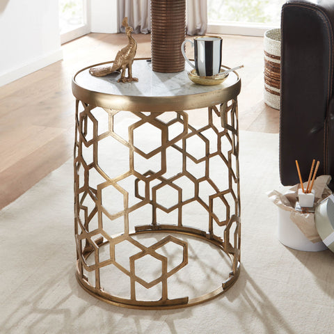 Rootz White Marble Side Table - Gold Metal Design - Round Small Coffee Table - Modern Living Room Table - High Coffee Table - 46x46x55 cm