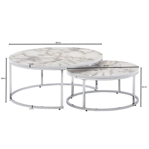 Rootz Coffee Table - White Silver Marble Look - Set of 2 Modern Round Coffee Table - Metal Side Table - Design Nesting Tables