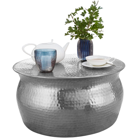 Rootz Coffee Table - Silver Aluminum Side Table - Oriental Round Coffee Table - Hammered Metal Living Room Table - Modern Indian Style Lounge Table - 60x30.5x60cm