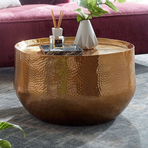 Rootz Coffee Table - Gold Aluminum - Small Round Hammered Living Room Table - Oriental Design Round Aluminum Coffee Table - 60x60x35 cm