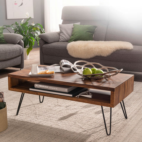 Rootz Coffee Table - Sheesham Solid Wood - Metal Coffee Table - Design Rectangular Coffee Table - Large Living Room Table (100x40x50 cm)
