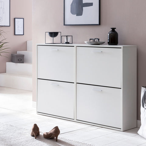 Rootz Modern Shoe Cabinet - White Shoe Rack with 4 Compartments - Design Shoe Storage - Shoe Cupboard with Shelf - High Corridor Chest - 120x81x24cm