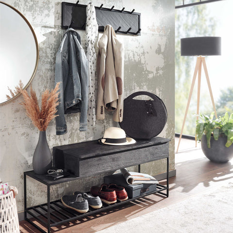 Rootz Bench with Wall Wardrobe - Industrial Design Wardrobe Set for Hallway - Storage Bench with Shoe Rack - Hall Bench with Seat - Mango Wood - Black - 110 cm
