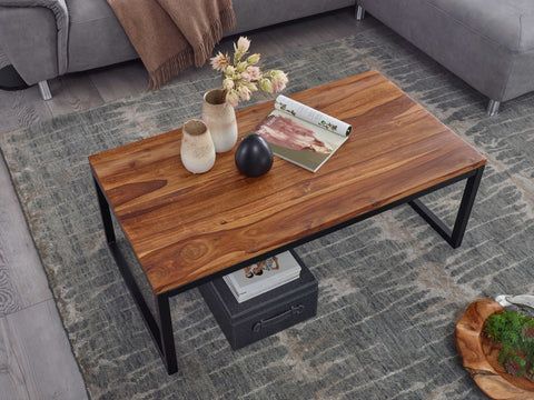 Rootz Coffee Table - Metal Living Room Table - Industrial Designer Style - Solid Lounge Table - Sheesham Solid Wood - 110x40x60cm
