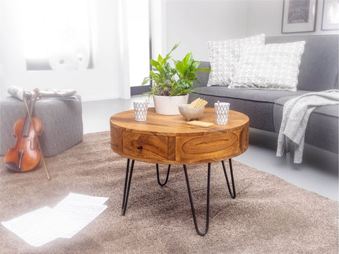 Rootz Round Coffee Table - Sheesham Solid Wood - Metal Legs - Side Table with Drawers - Small Brown Table - (60x44.5x60 cm)