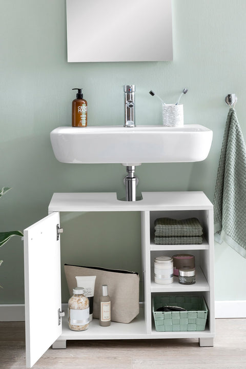 Rootz Bathroom Cabinet - Wood Base Cabinet with Door - Vanity Unit with Storage Compartments - Bathroom Furniture with Shelf - White - 60x55x32cm