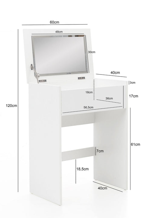 Rootz Dressing Table - Modern Wood Console Table with Stool and Mirror - White - 60x81x40cm
