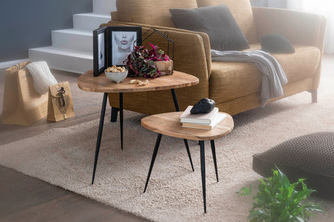 Rootz Nesting Tables - Set of 2 - Acacia Solid Wood - Metal Coffee Table - Modern Design Side Table Set - Living Room Table with Metal Frame